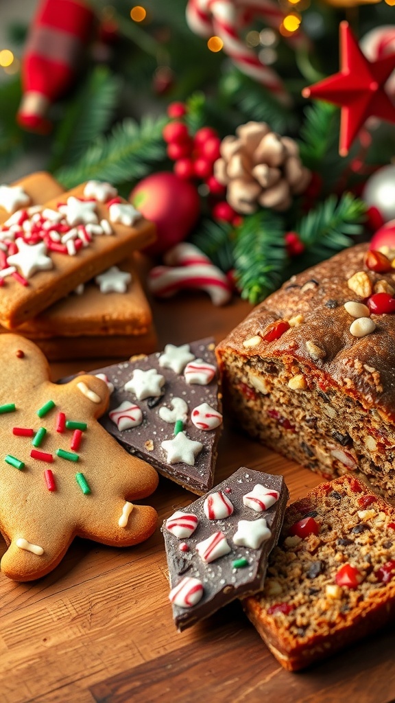 A variety of 90s Christmas baked goods including gingerbread cookies, peppermint bark, and fruitcake on a wooden table.